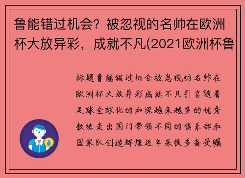 鲁能错过机会？被忽视的名帅在欧洲杯大放异彩，成就不凡(2021欧洲杯鲁尼没上场)